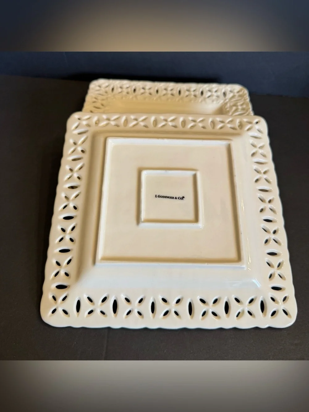LOT of 3 L. Godinger &  Co. Square Desert Plates Ivory Lace Cut Out 8" - Picture 8 of 16